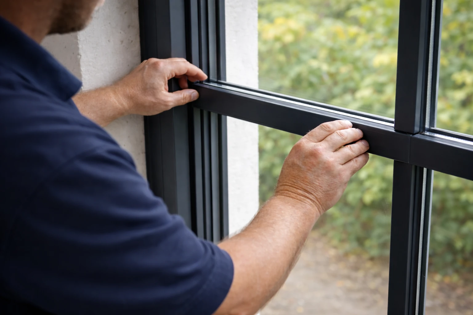 Monteur is bezig met de installatie van raamkozijnen in een woning.